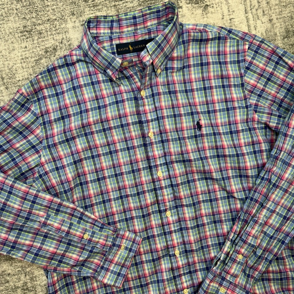 Polo Ralph Lauren Shirt Men XL Blue Bright Colorful Plaid Button Down Preppy Ivy